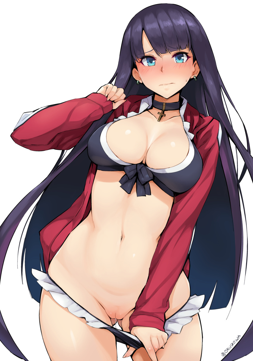 1girl blush bra cleavage hentai kurowan long_hair necklace panties_down pussy pussy_juice shaved_pussy standing stomach undressing