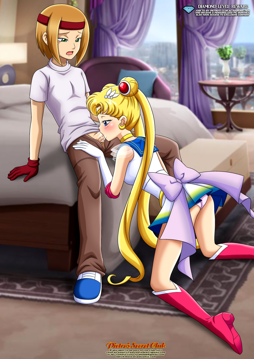1boy 1girl ass aster_(lovers_comic_series) bbmbbf bed bedroom bishoujo_senshi_sailor_moon blonde_hair boots choker clothed earrings edge edge_of_bed fellatio female gloves male male/female oral palcomix panties penis_in_mouth pietro's_secret_club red_boots sailor_moon sailor_moon_(series) serafuku sitting skirt tiara tsukino_usagi twin_tails upskirt usagi_tsukino