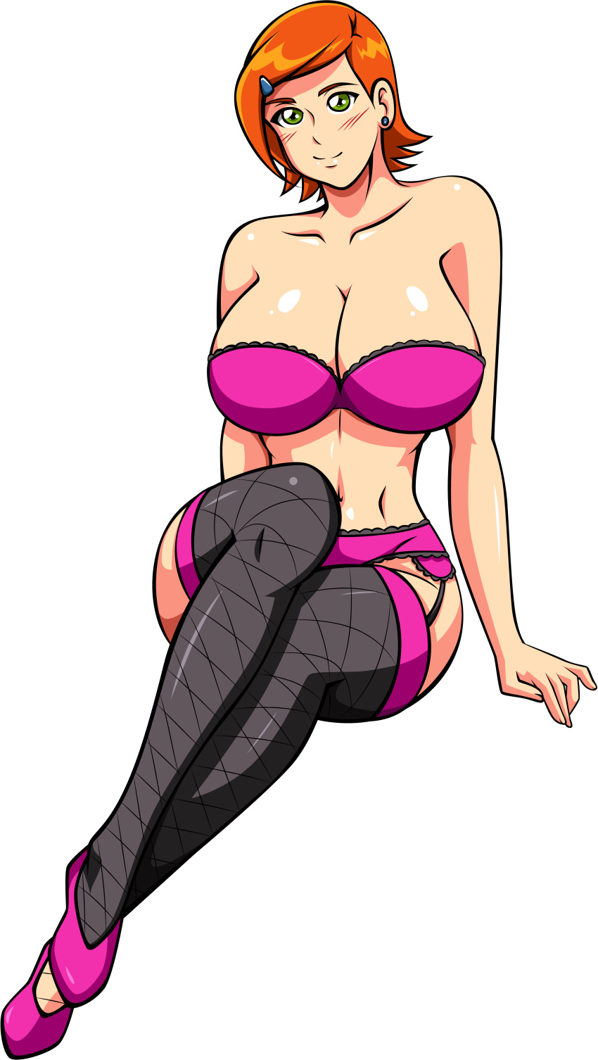 1girl ale-mangekyo ben_10 big_breasts breasts cleavage female female_only full_body gwen_tennyson lingerie smile solo