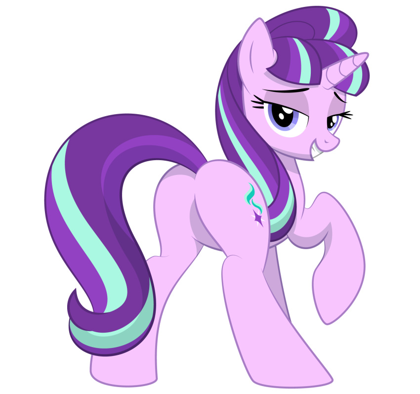 1girl ass cutie_mark featureless_crotch female female_unicorn friendship_is_magic horn looking_at_viewer my_little_pony nude pony starlight_glimmer starlight_glimmer_(mlp) tail unicorn white_background