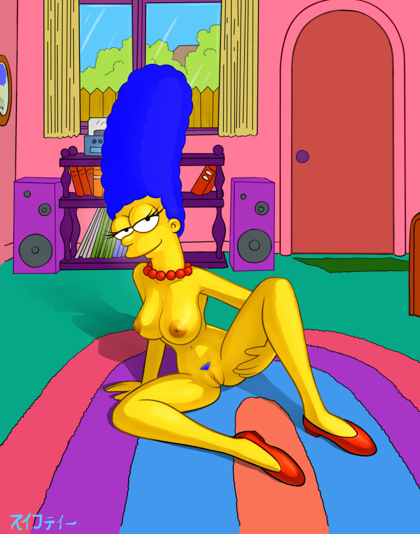 2018 3_fingers bedroom_eyes black_eyes blue_hair breasts couch door eyelashes female footwear hair human human_only legs_apart living_room marge_simpson milf mom mommy necklace nipples nude parent pubes pubic_hair pussy sexy sexy_body shoes smile sofa the_simpsons thighs vagina yellow_skin