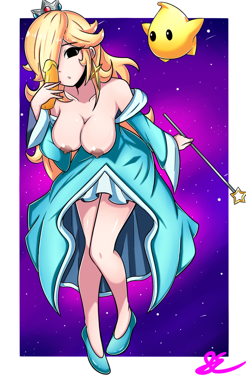 1girl breasts breasts_out_of_clothes clothed crown dildo dress earrings exposed_breasts female female_human hair_over_one_eye holding_dildo human long_hair luma princess_rosalina sex_toy standing super_mario_bros. wand