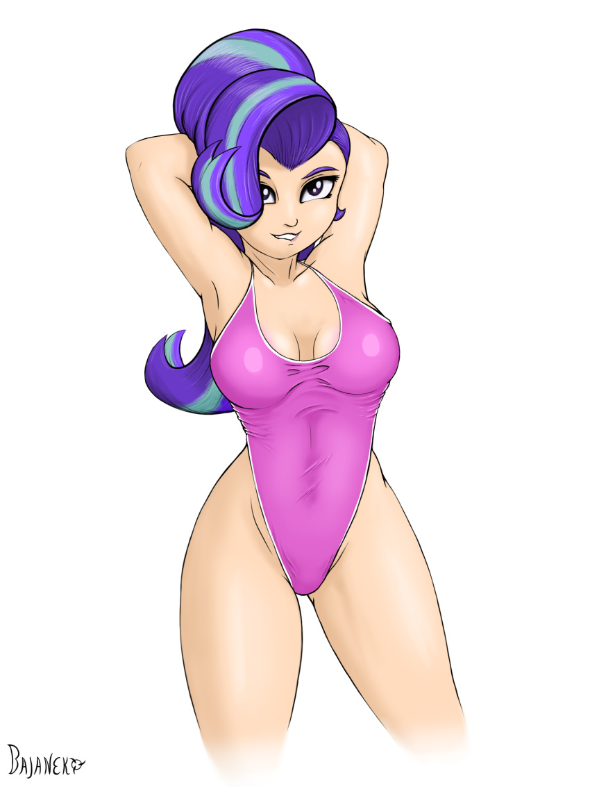 1girl bajanic_(artist) biting_lip breasts cleavage female female_human female_only friendship_is_magic hands_behind_head humanized my_little_pony one-piece_swimsuit solo starlight_glimmer swimsuit white_background
