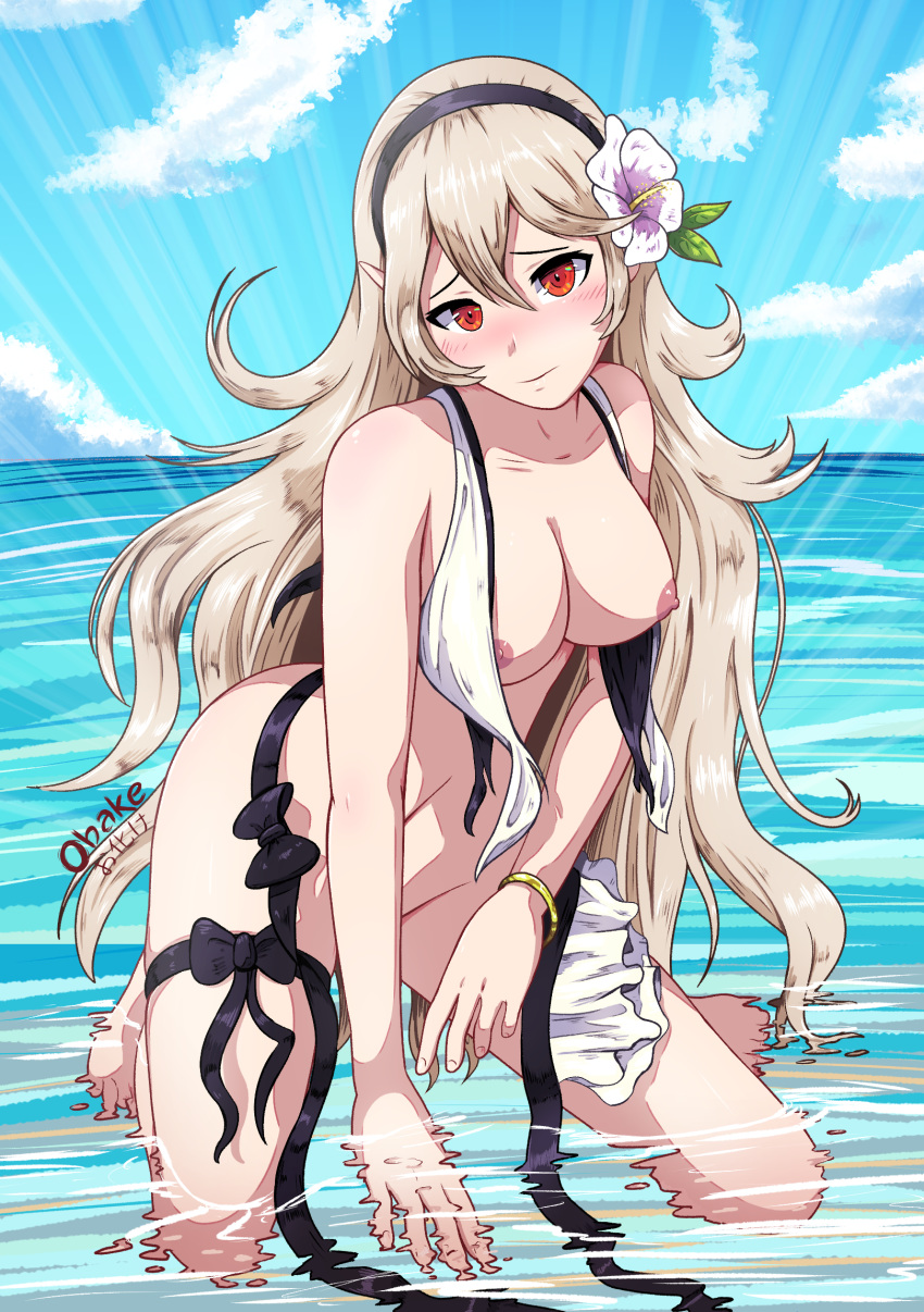 1girl alluring artist_name barefoot beach bikini blonde blush bracelet breasts brown_hair censored cloud cloudy_sky convenient_censoring curvaceous embarrassed emphasis_lines erect_nipples feet female_my_unit_(fire_emblem_if) fire_emblem fire_emblem_heroes fire_emblem_if flower frilled_bikini frills hair_between_eyes hair_flower hair_ornament hairband hibiscus high_resolution jewelry kamui_(fire_emblem) kneel long_hair looking_at_viewer medium_breasts my_unit_(fire_emblem_if) navel nintendo nipples obake obakeart ocean partially_submerged pointed_ears red_eyes signature silver_hair sky spread_legs swimsuit tareme torn_clothes torn_swimsuit undressing white_bikini white_swimsuit