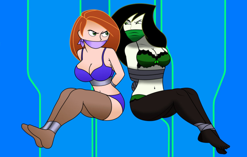 2girls bondage bra breasts disney female female_only kim_possible kimberly_ann_possible nightrain54 panties shego stockings thighs