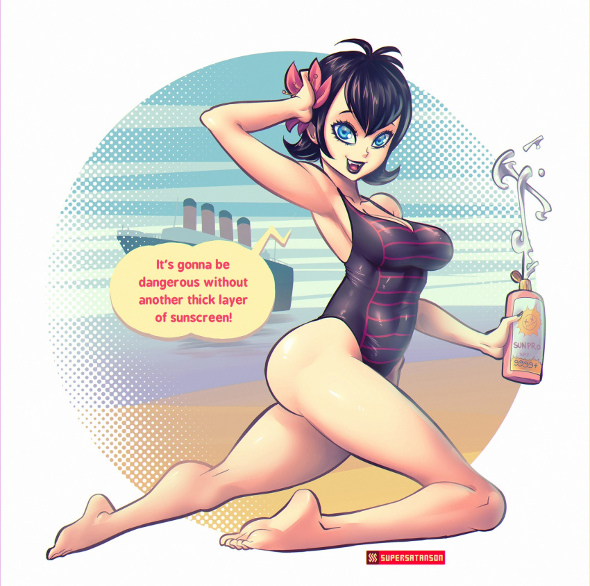 ass big_ass big_breasts breasts cleavage female hotel_transylvania looking_at_viewer looking_back lotion mavis_dracula one-piece_swimsuit solo speech_bubble sunscreen supersatanson swimsuit text