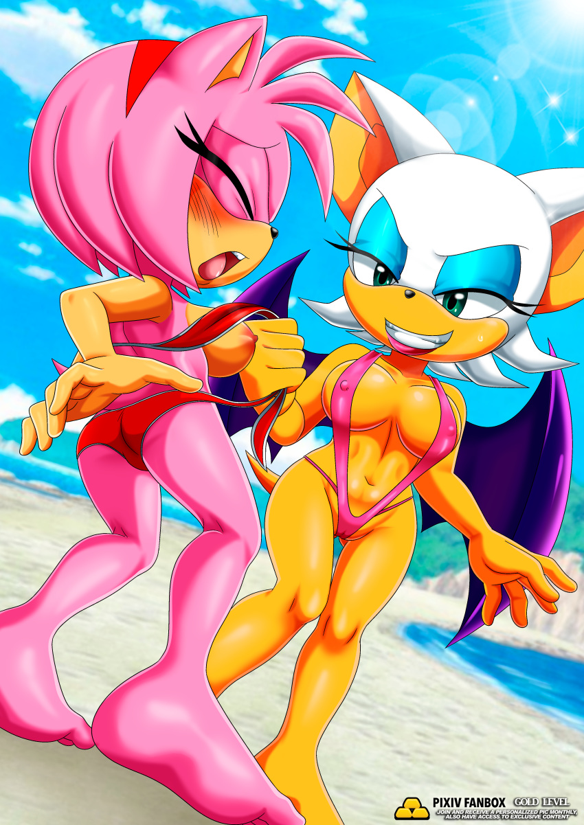 amy_rose bbmbbf beach breasts erect_nipples feet full_body mobius_unleashed palcomix pietro's_secret_club rouge_the_bat sega sideboob sonic_(series) sonic_the_hedgehog_(series) swimsuit toes yuri