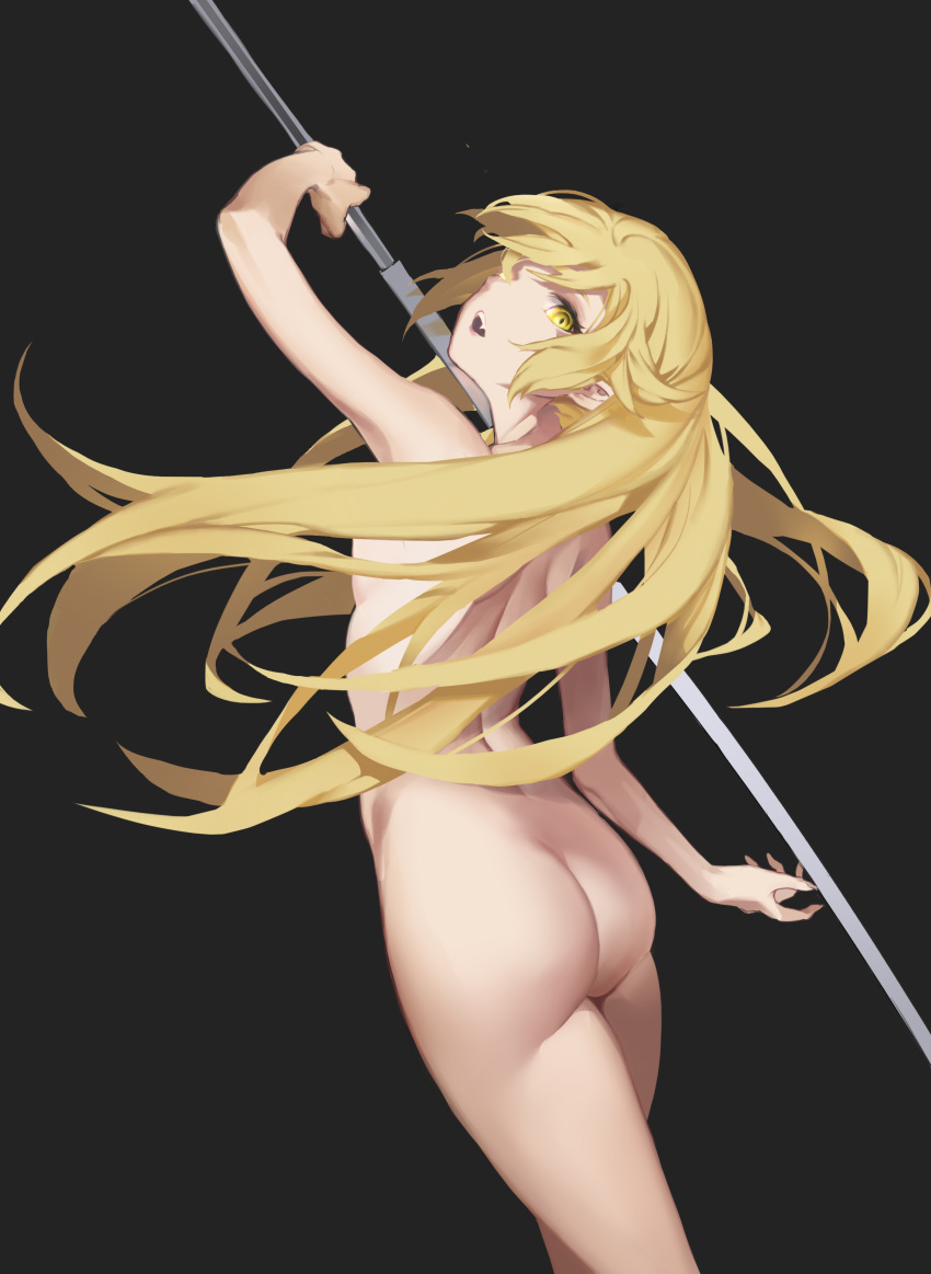 1girl 981519 ass blonde completely_nude contentious_content from_behind high_resolution holding holding_sword holding_weapon kissshot_acerolaorion_heartunderblade long_hair looking_at_viewer looking_back monogatari_(series) nude pointed_ears simple_background sword very_high_resolution very_long_hair weapon yellow_eyes