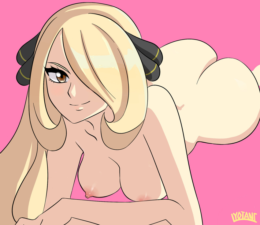 1girl artist_name ass blonde blush breasts brown_eyes crossed_arms cynthia hair_ornament hair_over_one_eye high_resolution huge_ass long_hair looking_at_viewer lying lyotanc medium_breasts nintendo nipples nude on_stomach pink_background pokemon pokemon_(game) pokemon_character pokemon_diamond_pearl_&amp;_platinum pokemon_dppt shiny shiny_hair shirona_(pokemon) signature simple_background smile
