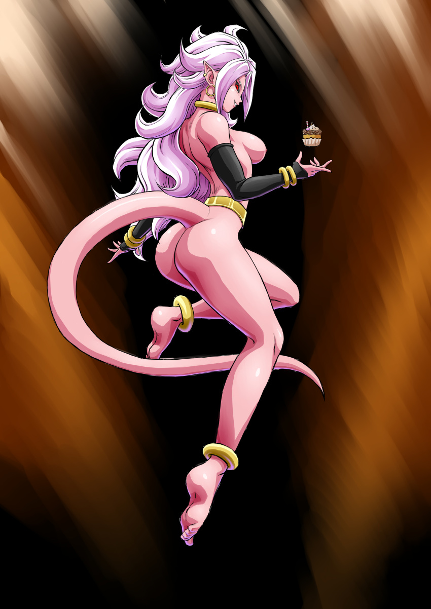 1girl android_21 ass back black_sclera breasts dragon_ball dragon_ball_fighterz earrings feet high_resolution jewelry long_hair looking_at_viewer majin_android_21 monster_girl nipples pink_skin pointed_ears pointy_ears red_eyes smile tail very_high_resolution