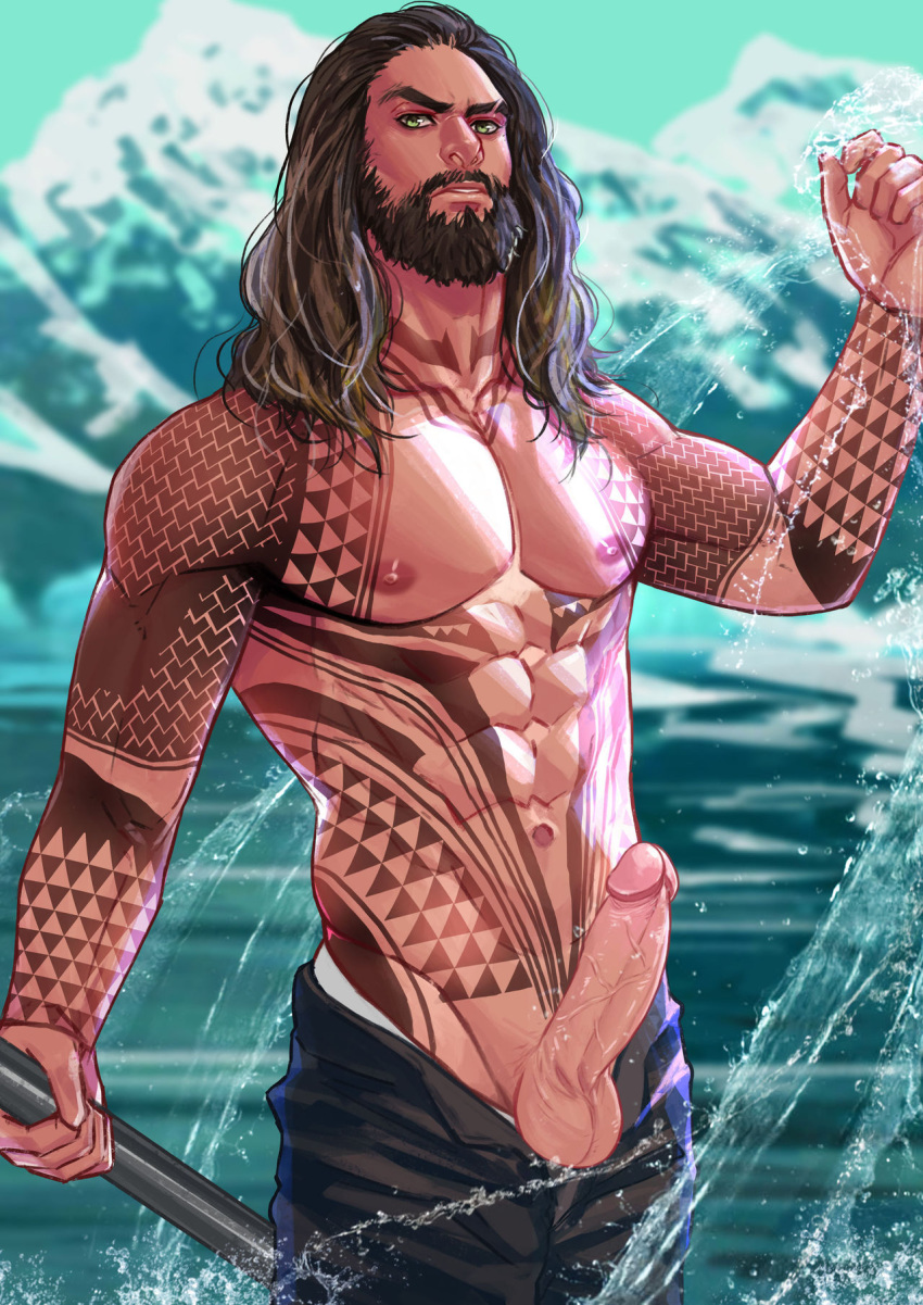 aquaman arthur_curry beard dc_comics half-dressed half_naked half_nude justice_league long_hair male muscle muscles penis presenting_penis showing_penis tattoo teasing water yaoi