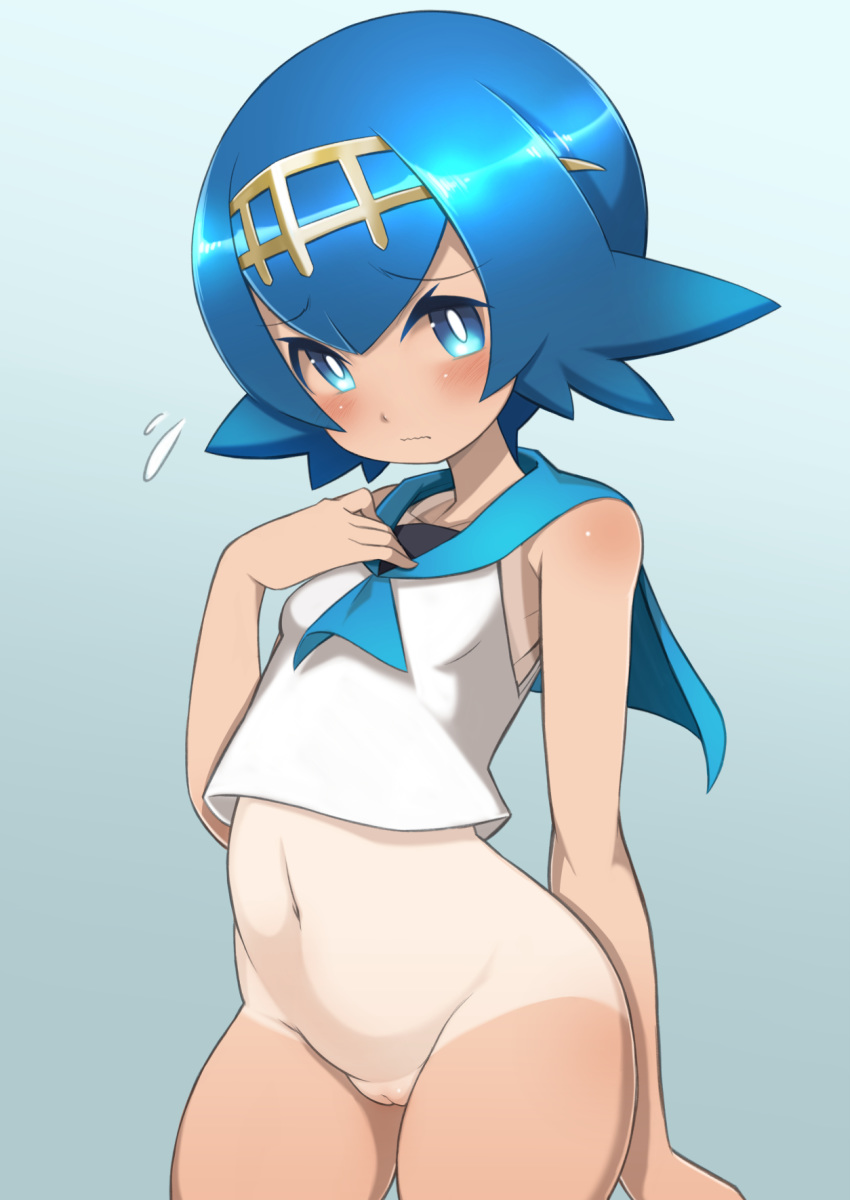 1girl blue_eyes blue_hair blush bottomless cute embarrassed flying_sweatdrops hot lana looking_at_viewer nada_haruka one-piece_tan pokemon pokemon_sm pussy sexy short_hair small_breasts suiren_(pokemon) tan_line tanned tanned_skin wavy_mouth
