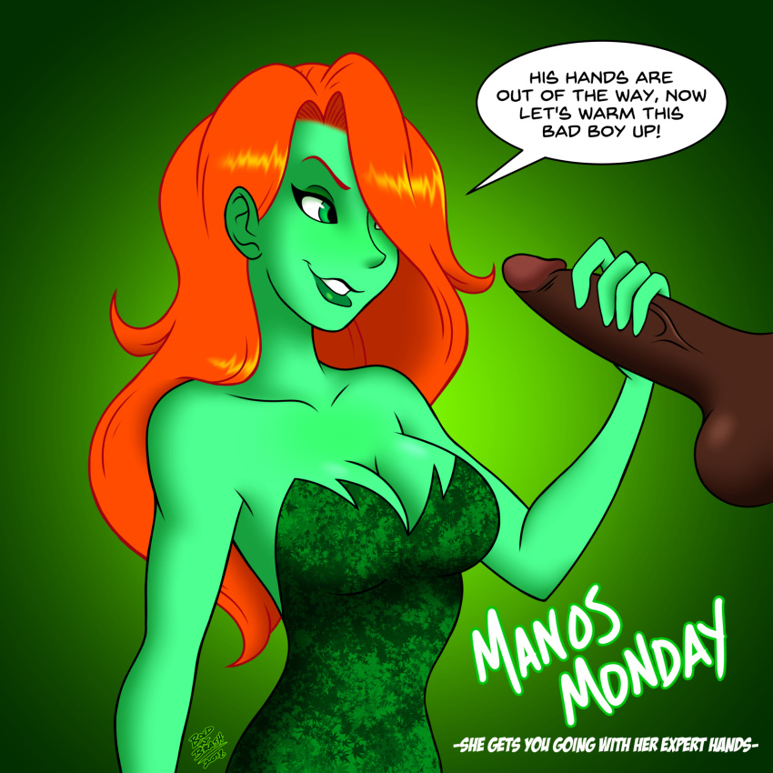 1boy 1girl batman_(series) bold-n-brash breasts clothed_female_nude_male dark-skinned_male dark_skin dc_comics english_text erection green_eyes hair_over_one_eye handjob interracial looking_at_penis poison_ivy red_hair speech_bubble