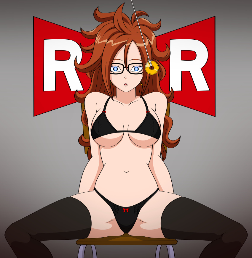 android android_21 beige_skin big_breasts blue_eyes breasts brown_hair cleavage dragon_ball dragon_ball_fighterz dragon_ball_super dragon_ball_z female jimryu jimryu_(artist) mind_control pendulum solo underboob