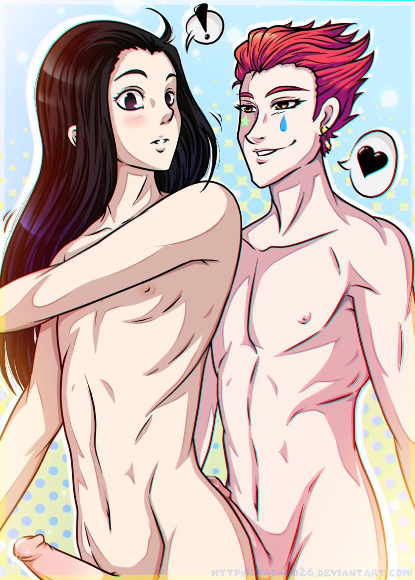 2boys blush character_request earrings erection grin heart human human_only hunter_x_hunter jewelry long_hair male male_only nude penis shadako26 short_hair smile yaoi
