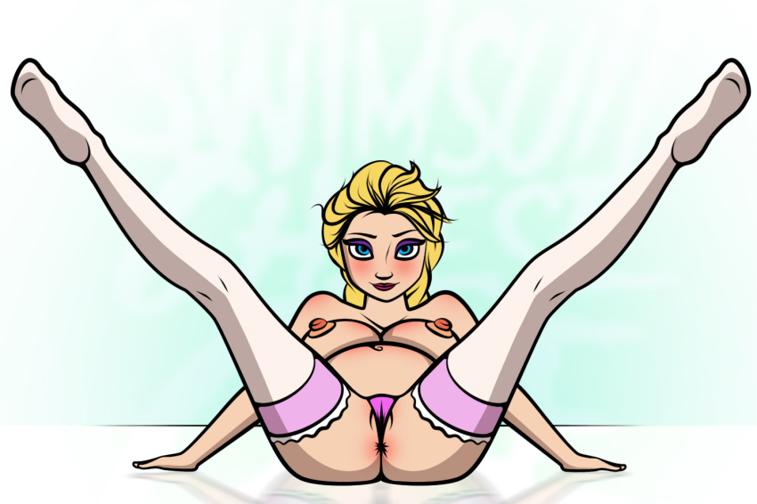 1girl ass blonde_hair blush braid breasts elsa elsa_(frozen) female female_human female_only frozen_(movie) human looking_at_viewer mostly_nude no_bra panties pregnant pregnant_belly pregnant_female solo spread_legs stockings swimsuitcheesecake