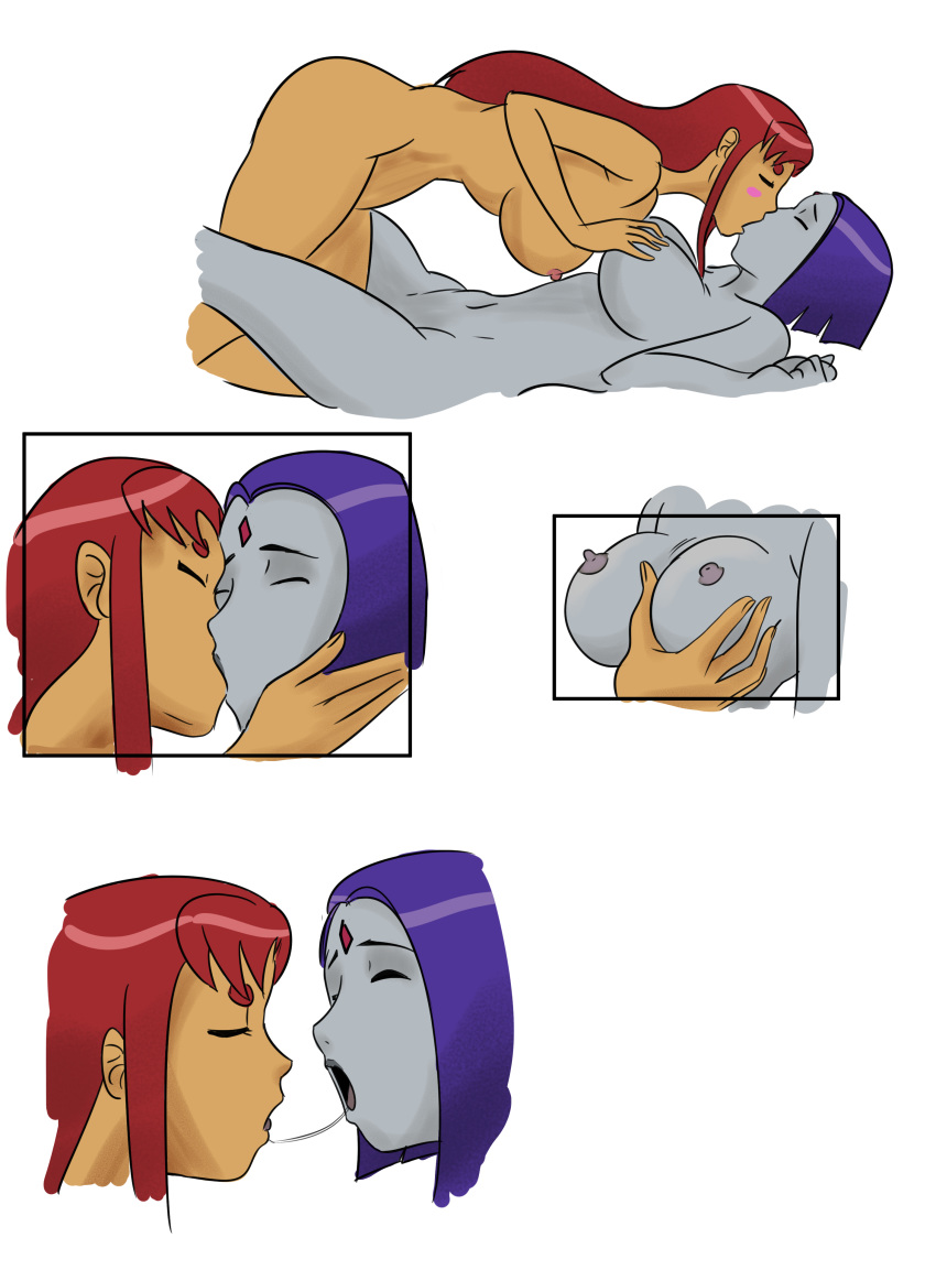 2_girls breast_grab breasts dc_comics female_only kissing koriand'r making_out nude rachel_roth raven_(dc) starfire teen teen_titans yuri