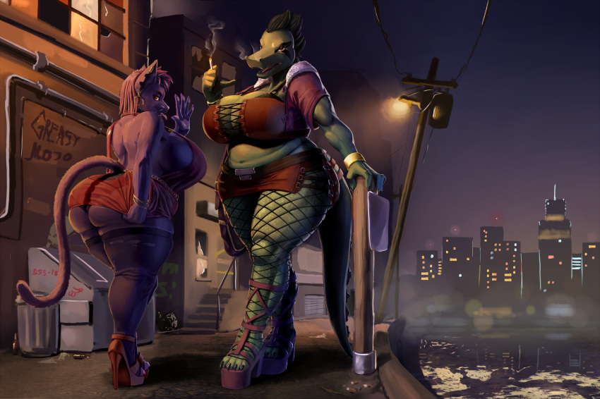 2018 2girls anthro ass bea_(nitw) big_ass big_breasts breasts cat cigarette clothed clothing crocodile crocodilian duo ear_piercing english_text feline fishnet footwear fur furry greasymojo hair high_heels mae_(nitw) mammal mature_female night_in_the_woods overweight overweight_female piercing prostitution reptile scalie shoes smoke text thick_thighs