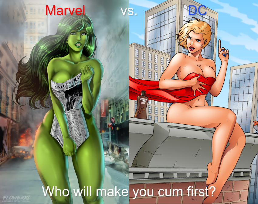 2_girls ass avengers big_ass big_breasts bird blonde_hair blue_eyes breasts convenient_censoring covering_breasts dc_comics enf female_only flowerxl green_skin hair house huge_breasts jennifer_walters looking_at_viewer marvel nail_polish newspaper nude offworldtrooper outside power_girl red_cape rooftop she-hulk sky tanning_lotion window