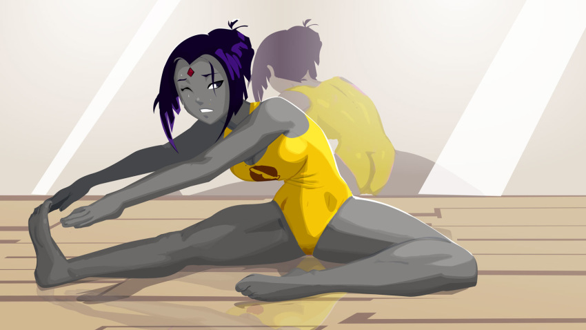 1girl alternative_costume ass barefoot big_breasts bob_cut breasts dc_comics excercise feet female_only female_solo forehead_jewel grey_skin high_resolution lady_legasus leaning_forward leotard mirror mirror_reflection morganagod purple_hair raven_(dc) short_hair soles solo stretch superheroine sweat teen_titans teen_titans_go toes wince working_out workout