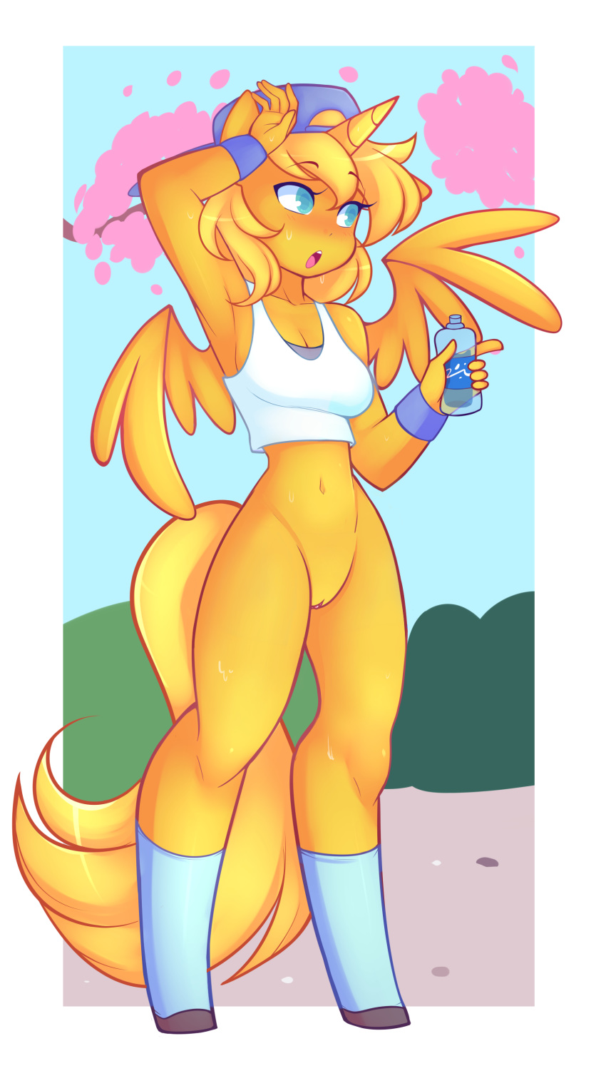 1girl 1girl absurd_res anthro bottomless breasts casual_nudity clothed clothing equine fan_character friendship_is_magic furry hair hat high_res horn knee_socks legwear mammal my_little_pony outside partially_clothed pussy senseidezzy socks stockings winged_unicorn wings