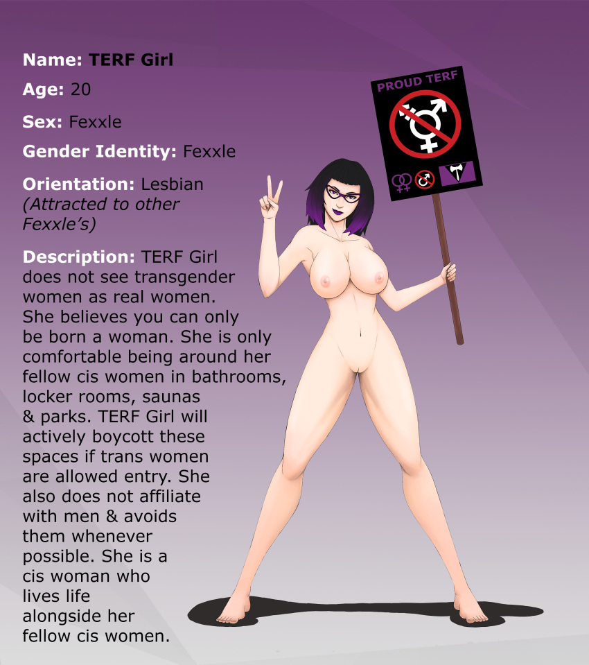 1girl 1girl absurd_res breasts english_text genitals high_res human human_only mammal medium_breasts model_sheet not_furry nude pussy sign simple_background softcore_works terf text