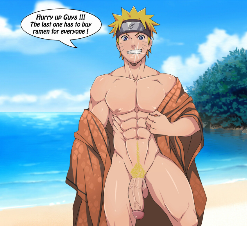 1boy beach english_text half-dressed half_naked half_nude male male_only muscle muscles naruto naruto_shippuden naruto_uzumaki presenting_penis showing_penis solo yaoi