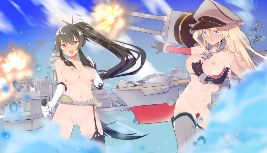 1girl asymmetrical_legwear bare_shoulders bismarck_(kantai_collection) black_gloves black_hair blonde blue_eyes blue_sky blush breasts caburi caburi_aki clavicle closed_mouth cloud cloudy_sky day elbow_gloves eyebrows_visible_through_hair female_only gloves gluteal_fold hair_between_eyes hat high_resolution kantai_collection long_hair machinery medium_breasts navel nipples nude open_mouth outside paipan pussy shiny shiny_skin single_thighhigh sky spread_legs stockings tears uncensored v-shaped_eyebrows weapon white_gloves yahagi_(kantai_collection)
