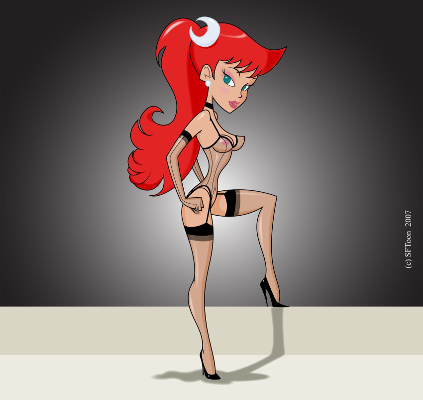 1girl black_high_heels breasts female gloves high_heels johnny_test lingerie looking_at_viewer mary_test mostly_nude red_hair see-through_lingerie sftoon stockings transparent_clothes transparent_clothing