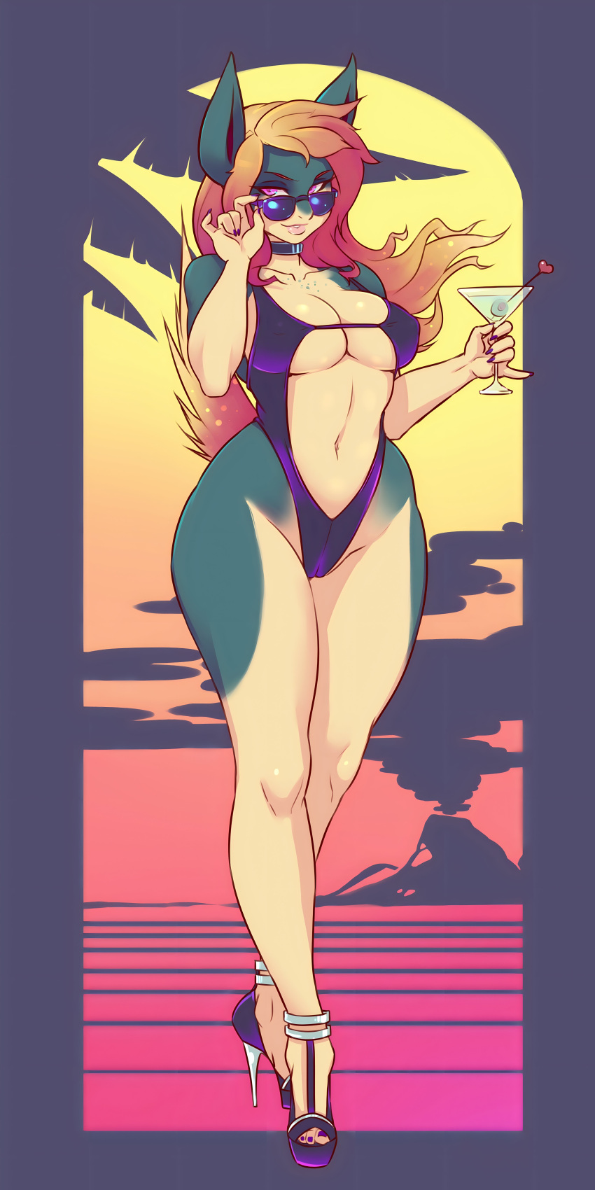1girl beach big_ass big_breasts bikini blue_skin fluffy_tail glasses live_for_the_funk orange_hair platform_shoes posing quilava seductive smile swimsuit typhlosion yellow_skin