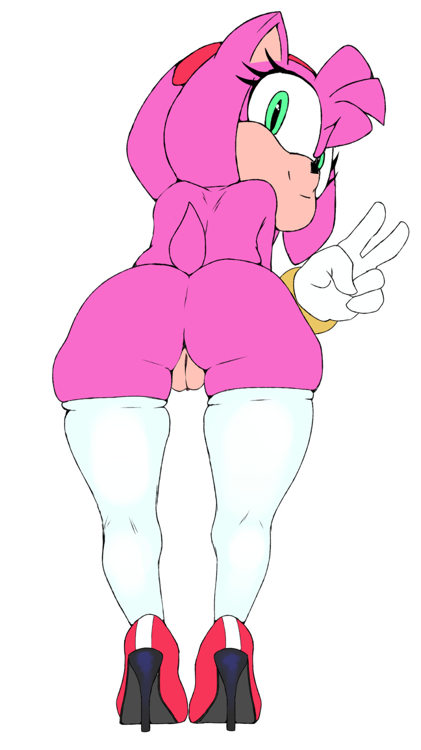 1girl amy_rose anthro anus ass bent_over bracelet clitoris clothing eyelashes gloves green_eyes hairband hedgehog high_heels legwear looking_at_viewer looking_back mostly_nude presenting presenting_hindquarters punkinillus pussy rear_view sega simple_background smile sonic stockings thick_thighs v white_background
