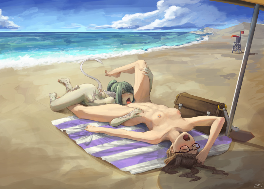 2girls au_ra beach blush braid breasts completely_nude extremely_large_filesize female female_only final_fantasy final_fantasy_xiv freckles green_eyes green_hair green_skin high_resolution horns large_filesize megane multiple_girls nude ocean open_mouth oral ponytail pussylicking sand scales shino_senkatsu sushimbombo tail tied_hair tongue tongue_out very_high_resolution water yuri