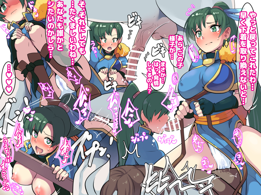1girl ambiguous_penetration ass boris_(noborhys) censor_bar censored cum cum_in_mouth cum_in_orifice equine equine_penis fellatio fire_emblem fire_emblem:_rekka_no_ken green_eyes green_hair horse horse_penis horsecock human japanese_text lyndis_(fire_emblem) male male/female oral pointless_censoring sex straight testicles zoophilia