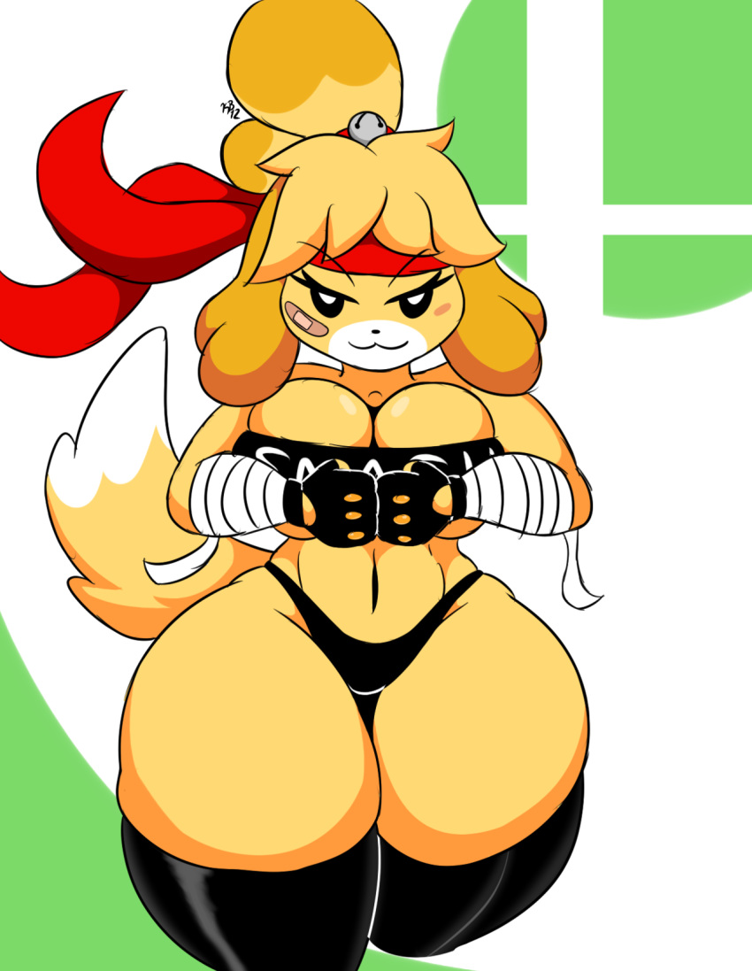 1girl 2018 animal_crossing anthro bandage bandaid big_breasts blush breasts canine clothed clothing dog furry hair half-closed_eyes high_res isabelle_(animal_crossing) kirbot12 legwear looking_at_viewer mammal nintendo one_leg_raised shih_tzu smile standing stockings super_smash_bros. thick_thighs video_games voluptuous wide_hips