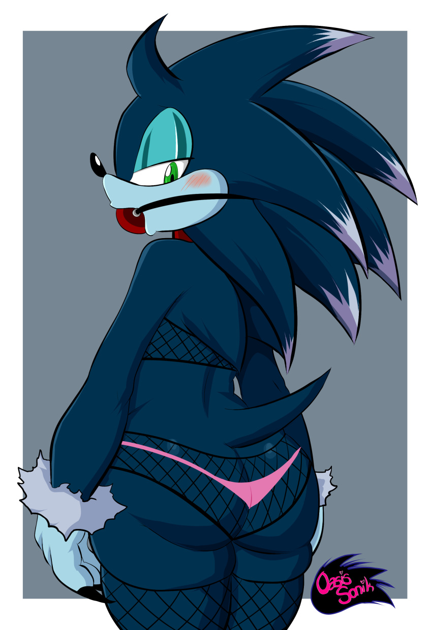 1boy anthro ball_gag clothed clothing crossdressing fishnet furry gag girly grey_background male male_only oasissonik sega simple_background sonic_(series) sonic_the_hedgehog werehog wide_hips