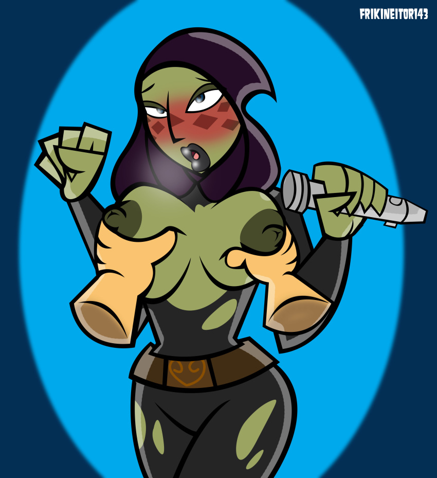 1girl alien barriss_offee blush breast_squeeze breasts clothed disembodied_hands exposed_breasts female female_alien green_skin lightsaber mirialan star_wars