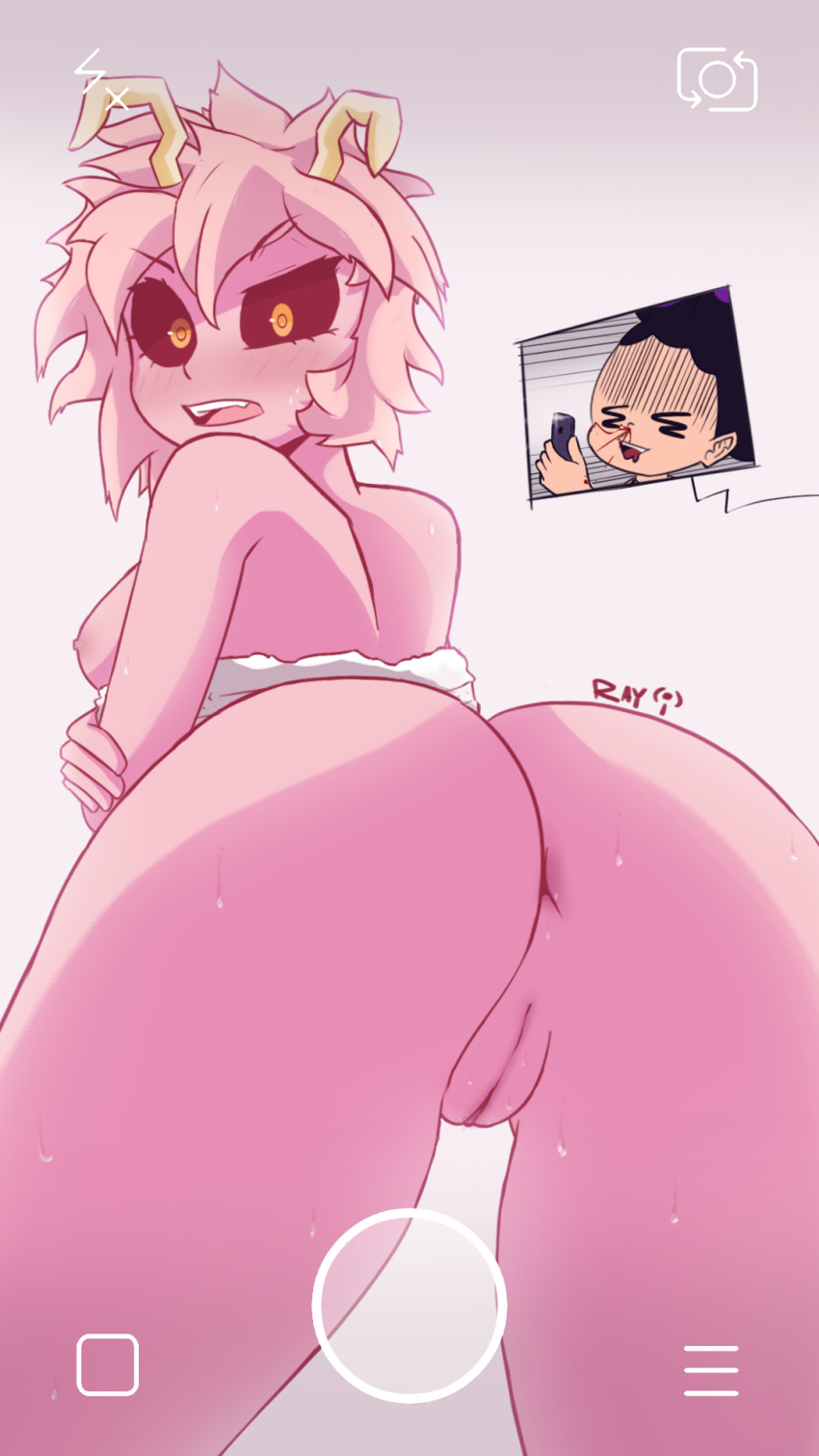 1girl 1girl anus ashido_mina ass blood blush breasts hair high_resolution horn human looking_at_viewer low-angle_view male my_hero_academia nipples nude open_mouth pink_body pink_hair pussy raydio selfpic simple_background snapchat standing wet