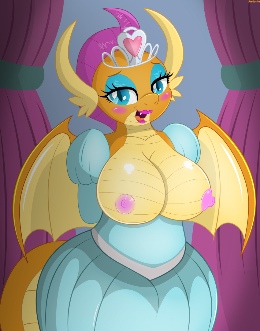1girl 2018 an-tonio anthro areola big_breasts blue_eyes breasts clothed clothing dragon fangs friendship_is_magic furry half-closed_eyes horn looking_at_viewer my_little_pony nipples open_mouth smolder_(mlp) teeth tongue wings