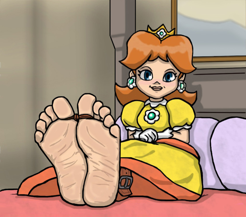 1girl 1girl ankle_cuffs barefoot bed blush bound clothed clothing crown earrings feet jewelry nintendo orange_hair princess_daisy red2870 soles super_mario_bros. tied toes video_games