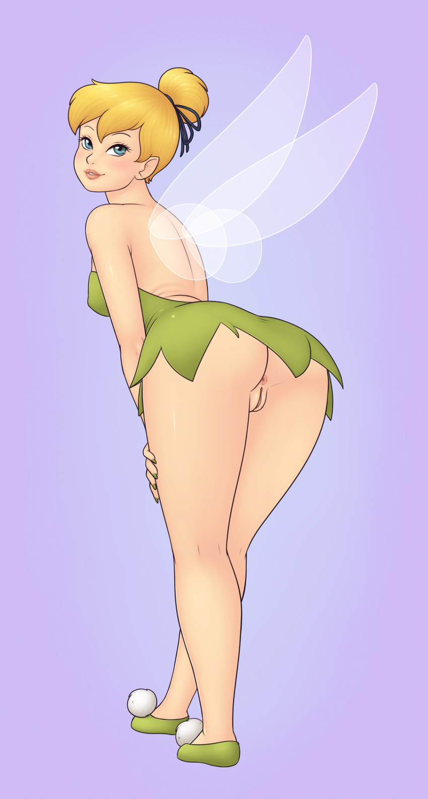 1girl anus ass big_ass big_breasts breasts clothed disney disney_fairies dress fairy fairy_wings female looking_at_viewer looking_back no_panties peter_pan pussy rapps solo tinker_bell wings