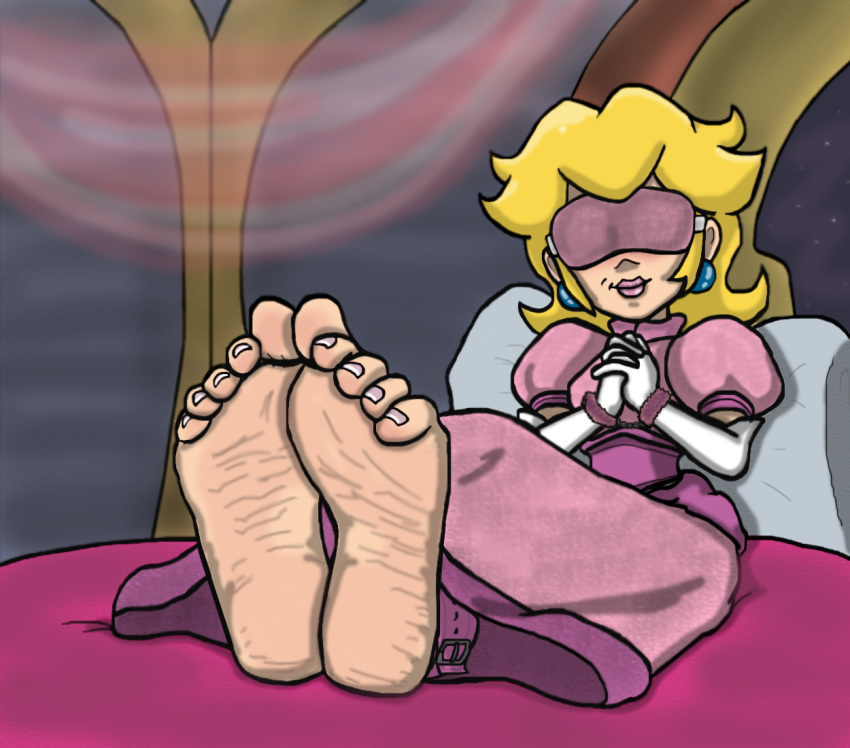1girl 1girl alternate_version_available ankle_cuffs barefoot bed blindfold blonde_hair blush bound clothed clothing earrings feet handcuffs jewelry nintendo princess_peach red2870 soles super_mario_bros. tied toes video_games