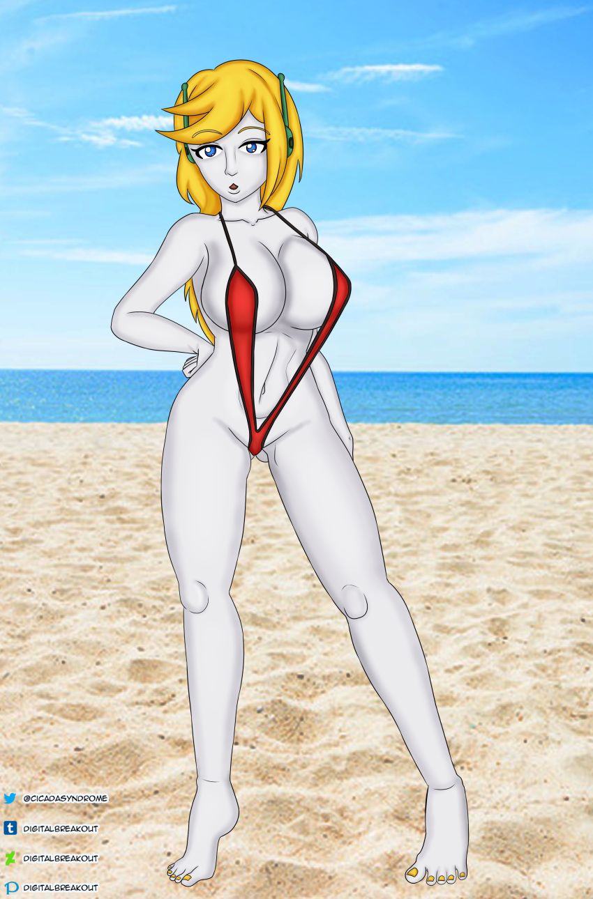 android beach big_breasts breasts cave_story curly_brace digitalbreakout female ocean robot_girl sling_bikini solo swimsuit
