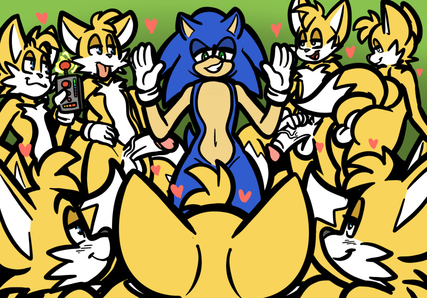 2020 anthro anthro_on_anthro ass balls biped blue_body blue_eyes blue_fur canid canine clones clothing controller crowd digital_media_(artwork) duo erection eulipotyphlan fox fur genitals glans gloves green_background green_eyes grin group half-closed_eyes handwear heart hedgehog high_res holding_object humanoid_genitalia humanoid_penis looking_at_another male male/male mammal miles_"tails"_prower narrowed_eyes open_mouth open_smile penis pink_glans raised_arm remote_control simple_background smile sonic_the_hedgehog sonic_the_hedgehog_(series) square_crossover standing taillove_(artist) vein veiny_penis white_balls white_body white_clothing white_fur white_gloves white_penis yellow_body yellow_fur