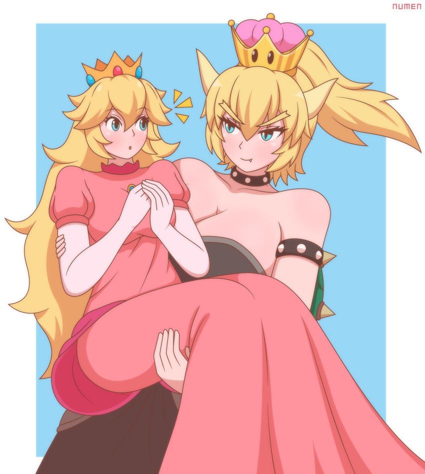 big_breasts bowser bowsette breasts carrying cleavage female numen princess_peach super_mario_bros. yuri