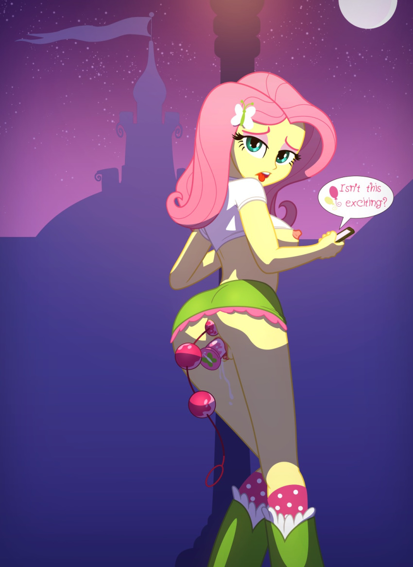 1girl anal anal_beads ass clothed dildo dildo_in_pussy equestria_girls female fluttershy fluttershy_(mlp) friendship_is_magic humanized looking_at_viewer my_little_pony no_bra no_panties pussy_juice rivawi sideboob skirt skirt_lift standing vaginal vaginal_insertion