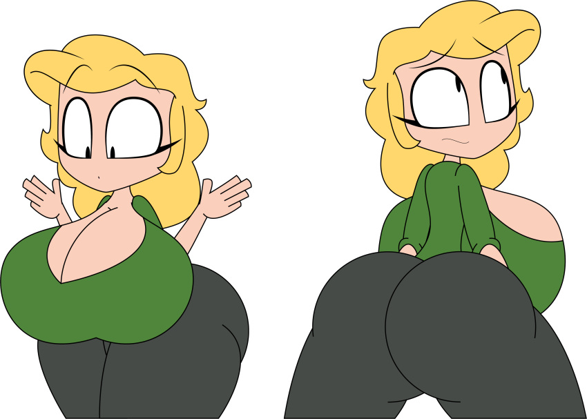 ass big_ass big_breasts bimbo bimbofication blonde_hair clara_afton embarrassed fat_ass female_only five_nights_at_freddy's:_sister_location huge_breasts leggings looking_away massive_breasts milf surprised