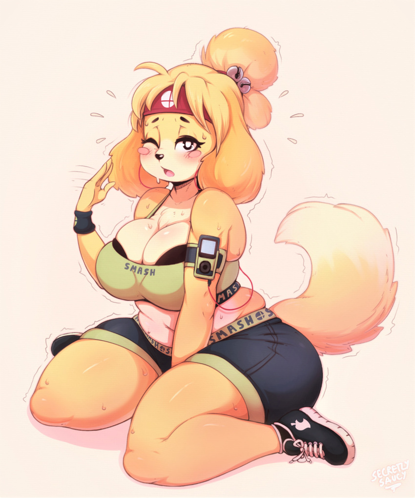 1girl 1girl 2018 animal_crossing anthro bell blonde_hair breasts canine cleavage clothed clothing dog footwear fully_clothed furry hair headband high_res isabelle_(animal_crossing) mammal midriff nintendo one_eye_closed secretly_saucy shih_tzu shoes super_smash_bros sweat thick_thighs video_games