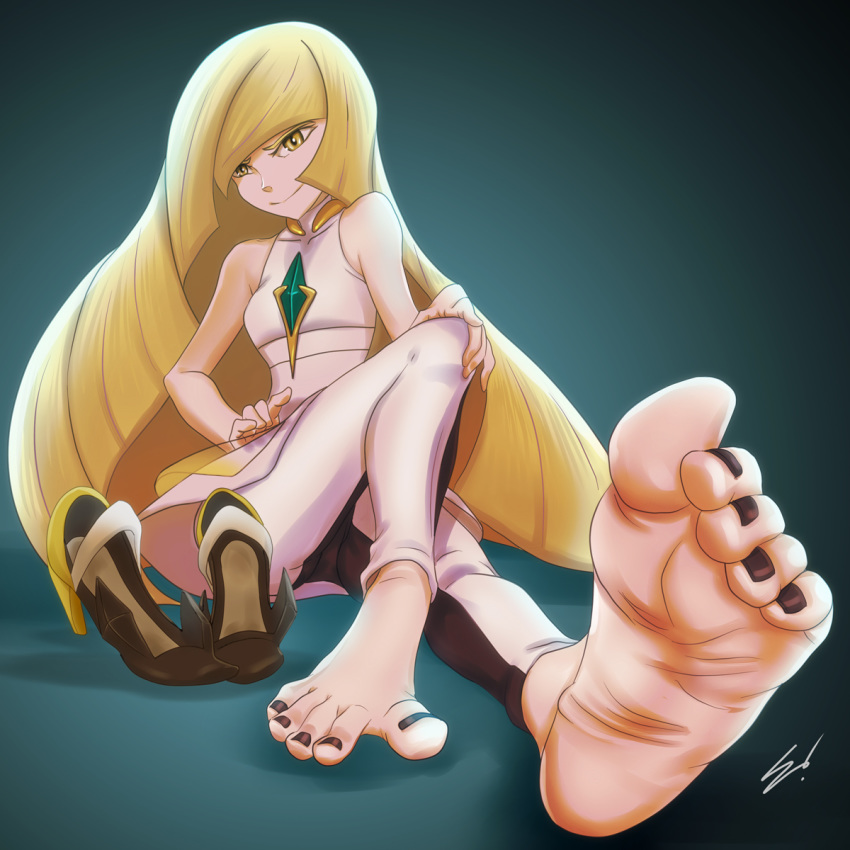 1girl aether_foundation barefoot black_nails blonde_hair lusamine milf nail_polish nintendo pokemon pokemon_sm scamwich shoes soles toes