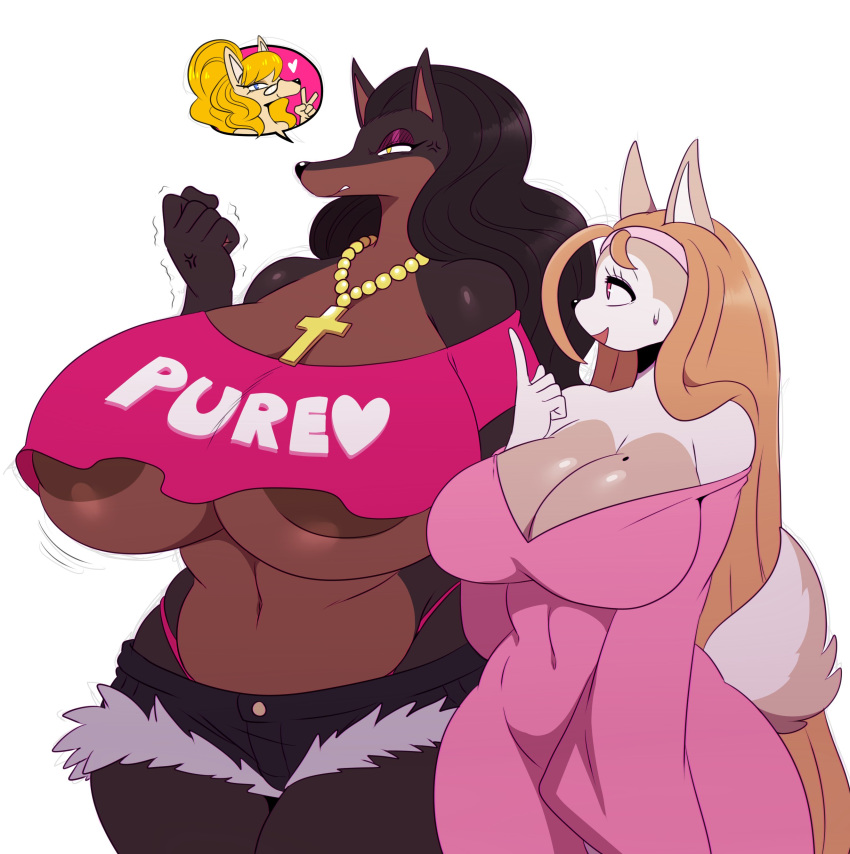 &lt;3 1girl angry anthro areola beauty_mark big_breasts black_fur black_hair blonde_hair breasts brown_fur brown_hair canine clothed clothing cross dog dress duo eyewear fur furry glasses hair huge_breasts jewelry laverne_(sssonic2) leia_(sssonic2) long_hair makeup mammal multicolored_fur necklace panties pink_eyes shorts skimpy sssonic2 tube_top two_tone_fur underboob underwear white_fur yellow_eyes