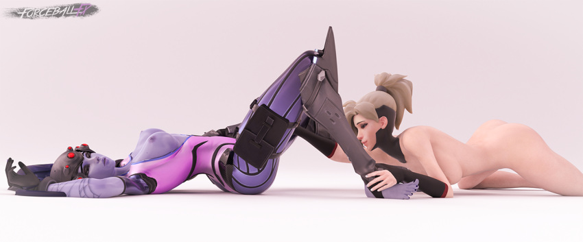 2girls 3d areola arms_up ass back bare_shoulders barefoot big_breasts black_gloves blizzard_entertainment blonde bodysuit bottomless breasts completely_nude feet female female_only forceballfx gloves legs long_hair lying medium_breasts mercy_(overwatch) multiple_girls nail_polish nipples nude overwatch ponytail purple_hair purple_skin spread_legs thighs tied_hair toes topless widowmaker widowmaker_(overwatch) yuri